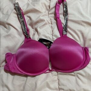 Victoria's Secret Fuchsia Satin Bra with Logo Straps